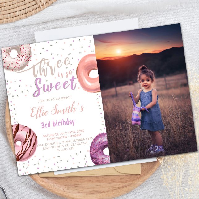 Three Sweet Pink Doughnut Birthday Invitations pho (Three Sweet Pink Donut Birthday Invitations photo)