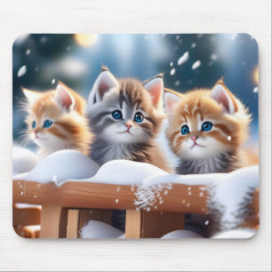 Three Tabby Cats Playing in the Snow Mouse Pad