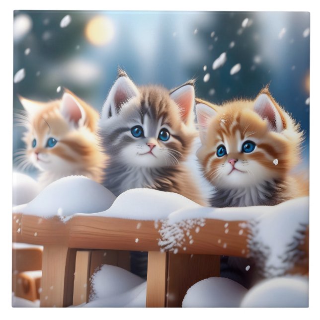 Three Tabby Cats Playing in the Snow Portrait Pose Tile (Front)