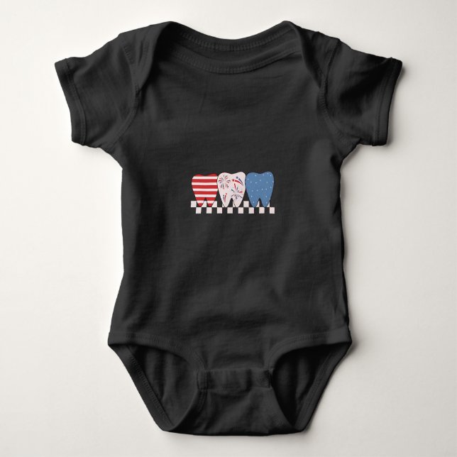 Three Teeth Graphic Design 4th of July Baby Bodysuit (Front)