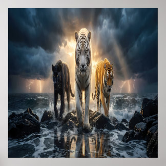 Three Tigers in Stormy Sea Poster