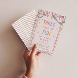 Three Times The Fun 3rd Birthday Invitation