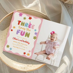Three Times The Fun Colourful 3rd Birthday Photo Invitation