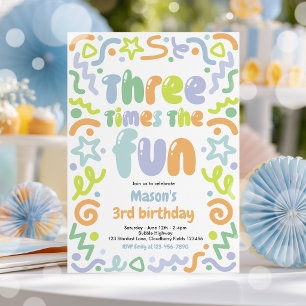 Three Times The Fun Confetti Balloon 3rd Birthday  Invitation