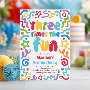 Three Times The Fun Confetti Balloon 3rd Birthday  Invitation