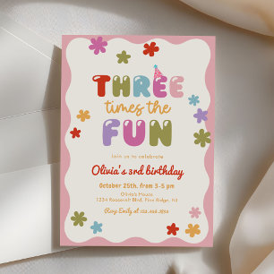 Three Times The Fun Daisy Colorful 3rd Birthday Invitation