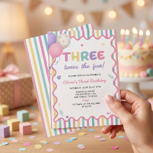 Three Times The Fun Girl 3rd Birthday Invitation