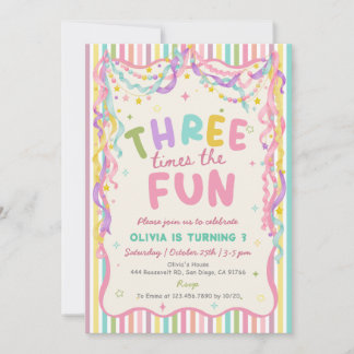 Three Times the Fun Girl Birthday Invitation