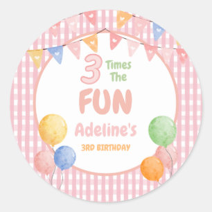 Three Times the Fun Pink Birthday Classic Round Sticker