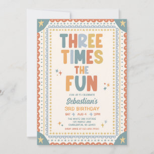 Three Times The Fun Whimsical Boy 3rd Birthday Invitation
