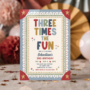 Three Times The Fun Whimsical Boy 3rd Birthday  Invitation