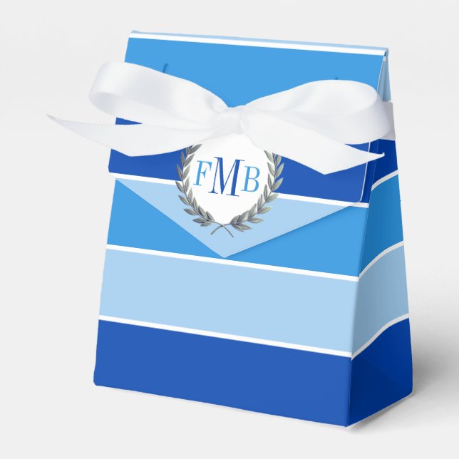 Three tone blue stripes and initials wedding favor box (Front Side)