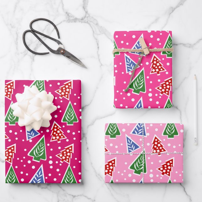 Three tone pink Christmas trees holiday Wrapping Paper Sheet (Front)