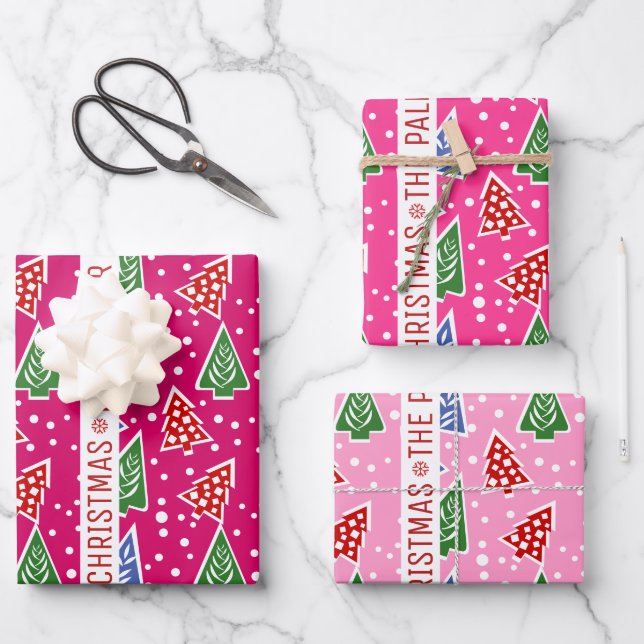 Three tone pink Christmas trees snow and name Wrapping Paper Sheet (Front)