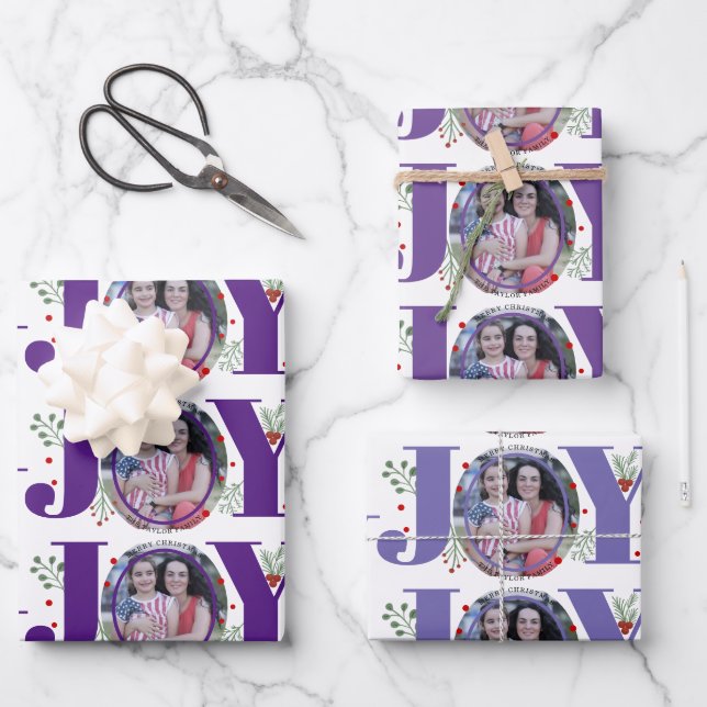 Three tone purple Joy Christmas holiday photo Wrapping Paper Sheet (Front)