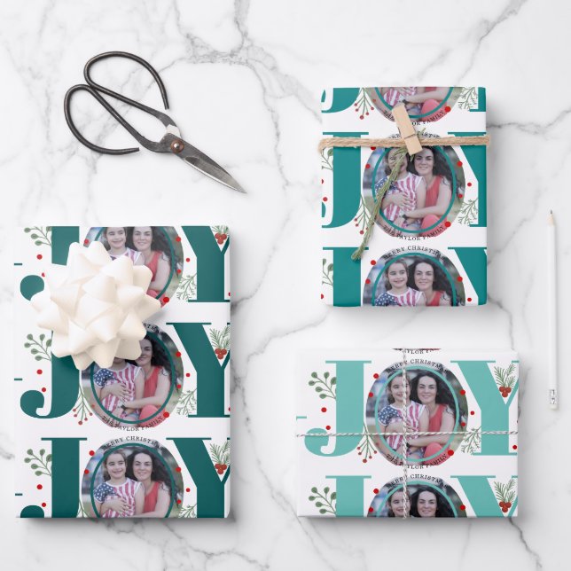 Three tone teal blue Joy Christmas holiday photo Wrapping Paper Sheet (Front)