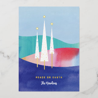 Three Trees foil holiday card with watercolor