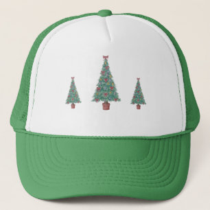 three trees with decorations for christmas trucker hat