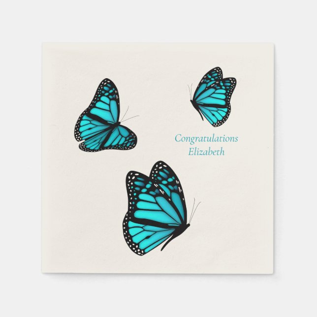 three turquoise butterflies personalized cocktail napkin (Front)