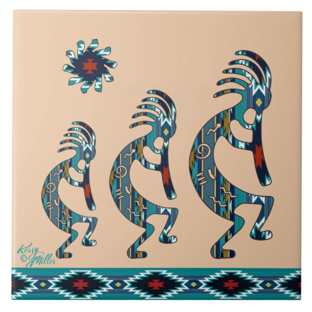 Three Turquoise Kokopelli Ceramic tile (Front)
