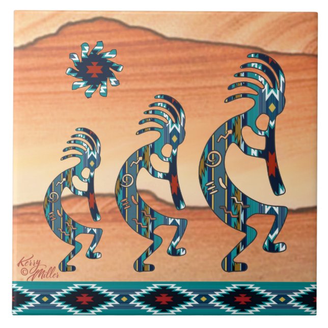 Three Turquoise Kokopelli Ceramic tile (Front)