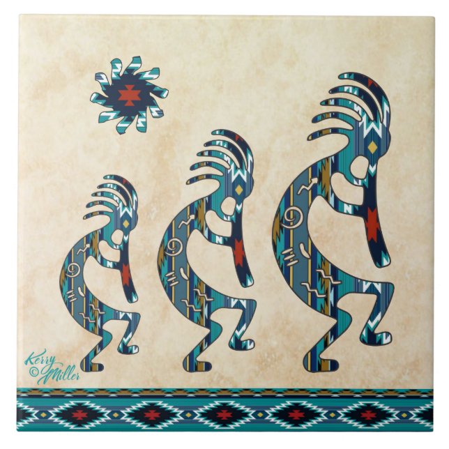 Three Turquoise Kokopelli Ceramic Tile (Front)