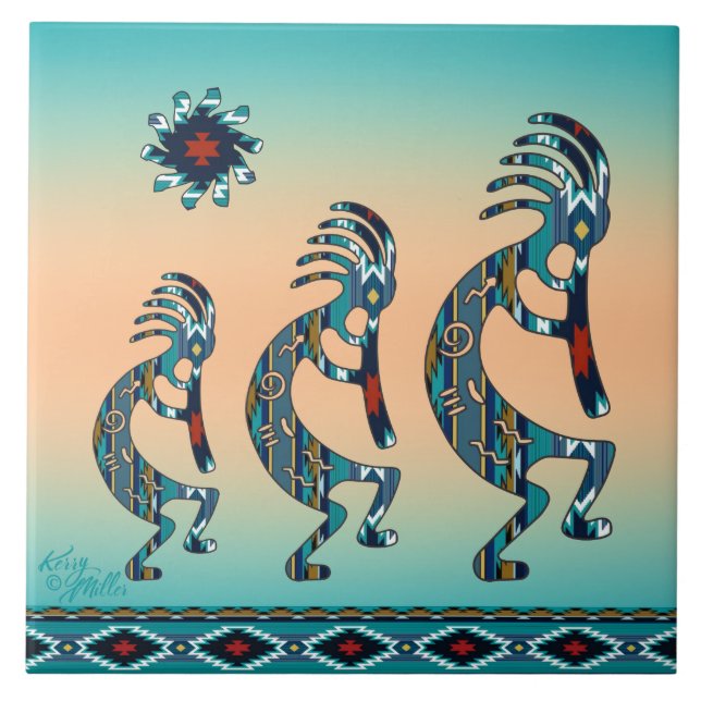 Three Turquoise Kokopelli Ceramic tile (Front)