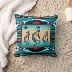 Three Turquoise Kokopelli Throw Pillow