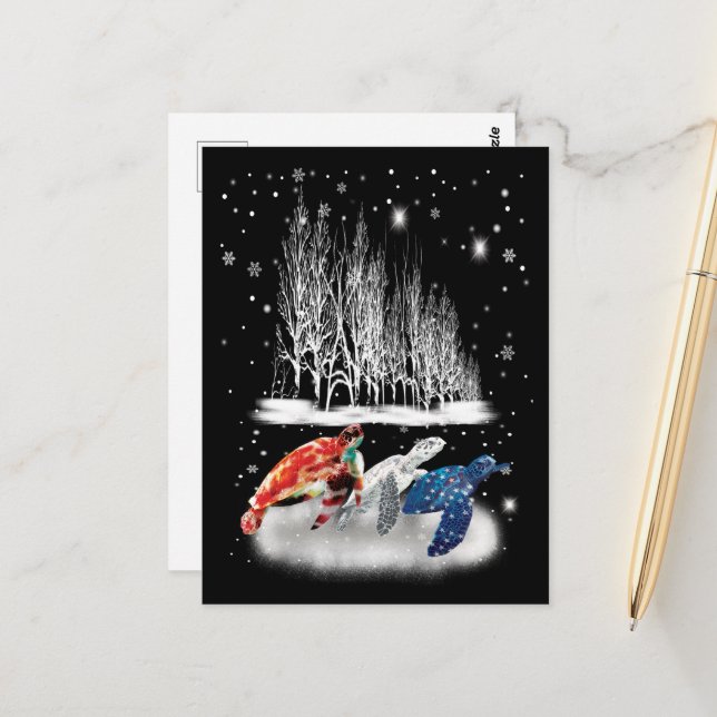 Three Turtle American T-Shirt Snowflake Christmas Postcard (Front/Back In Situ)