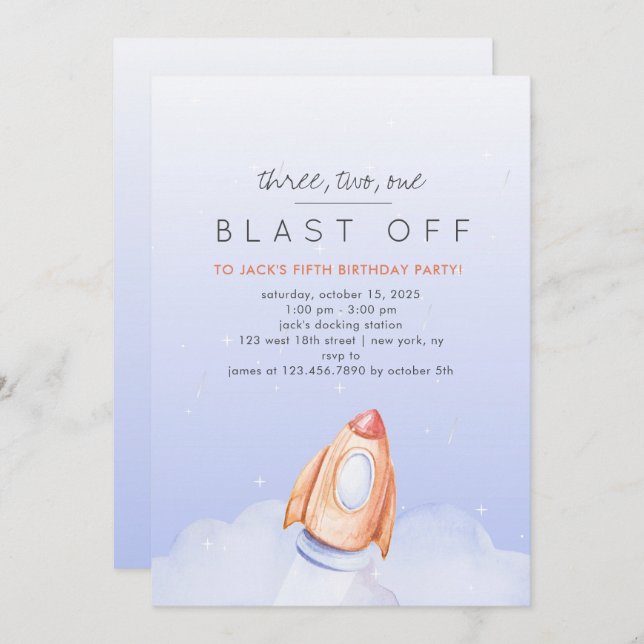 Three Two One Blast Off Space Birthday Invitation (Front/Back)