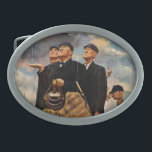 Three Umpires Oval Belt Buckle<br><div class="desc">Artist: Norman Rockwell | Umpires decide whether to stop game due to rain</div>
