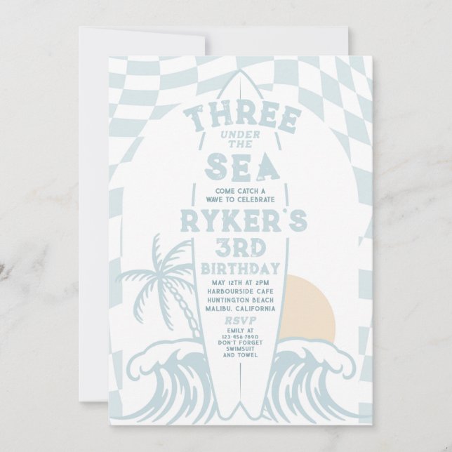 Three Under The Sea Surf Surfboard 3rd Birthday  Invitation (Front)