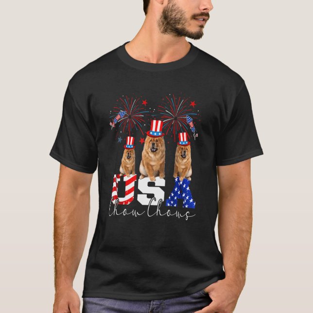Three Usa Chow Chows Dog Wearing Hat American Flag T-Shirt (Front)