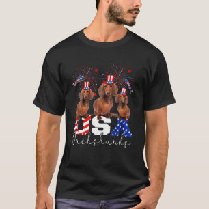 Three USA Dachshunds Dog Wearing Hat American Flag T-Shirt