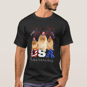 Three Usa Pomeranians Wearing Hat American Flag Fi T-Shirt