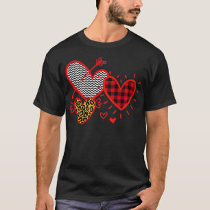 Three Valentine's Day Hearts Plaid Leopard Stripe T-Shirt
