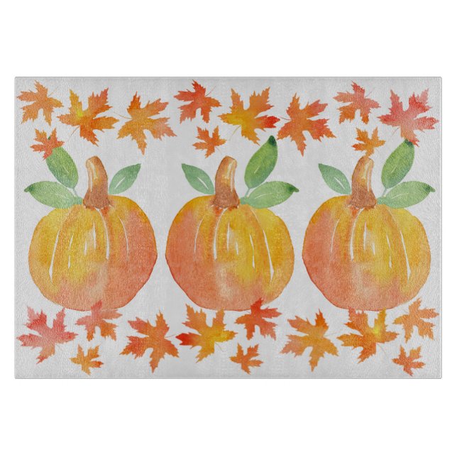 Three Watercolor Pumpkins & Maple Leaves Garland Cutting Board (Front)