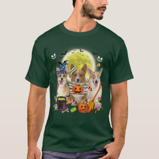 Three Welsh Corgi Dogs Witch Scary Mummy Halloween T-Shirt