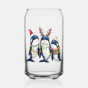 Three Whales Wearing Christmas Santa Hat  Can Glass
