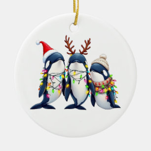 Three Whales Wearing Christmas Santa Hat Ceramic Ornament