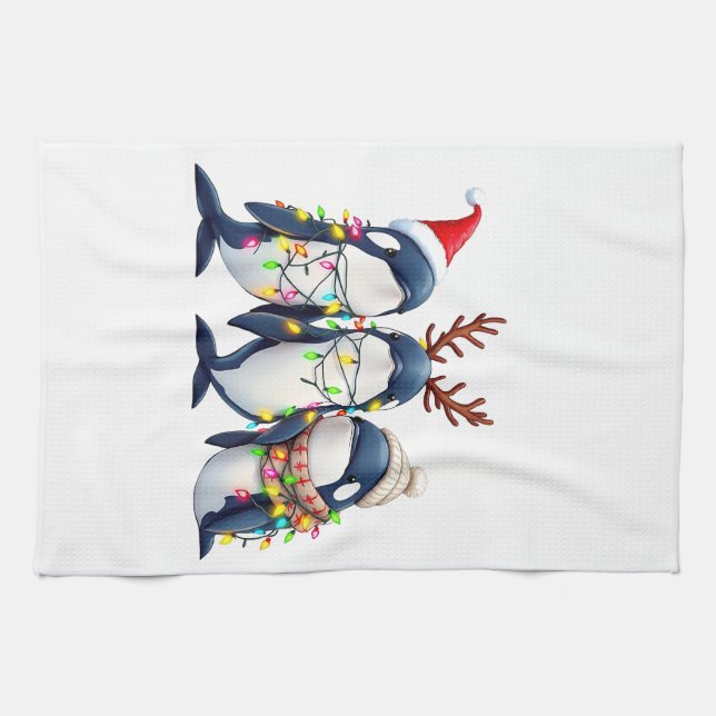 Three Whales Wearing Christmas Santa Hat  Kitchen Towel (Horizontal)