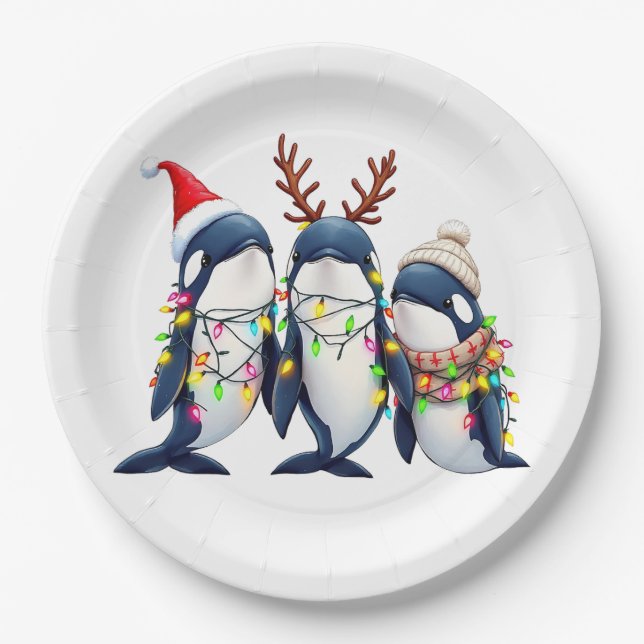 Three Whales Wearing Christmas Santa Hat  Paper Plate (Front)