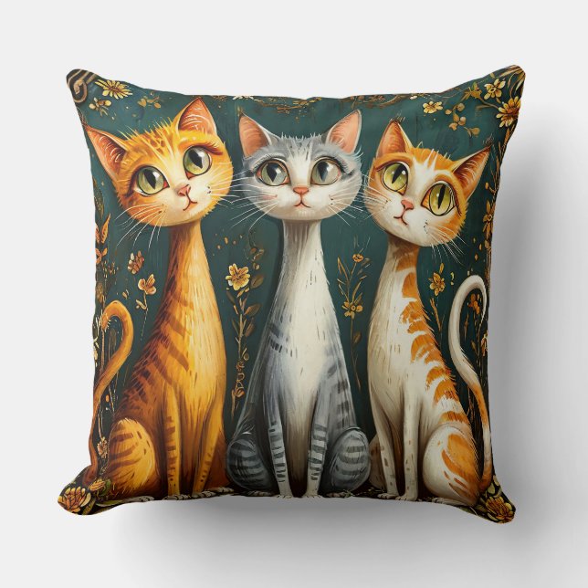 Three Whimsical Cat Illustrations Throw Pillow (Front)