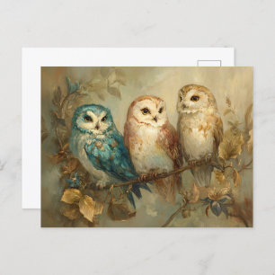 Three Whimsical Owls on a Branch Postcard
