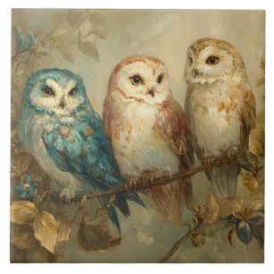 Three Whimsical Owls on a Branch Tile