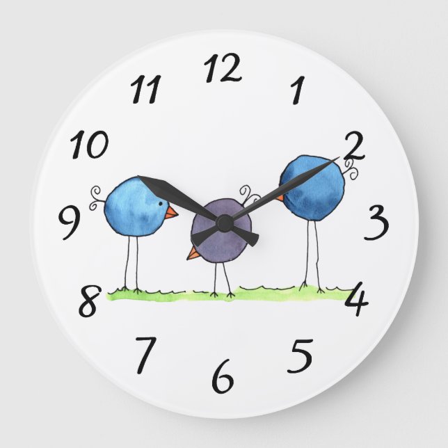 Three Whimsical Watercolor Birds Large Clock (Front)