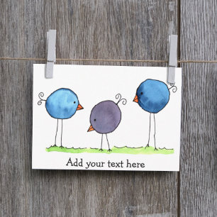 Three Whimsical Watercolor Birds Postcard