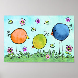 Three Whimsical Watercolor Birds Poster