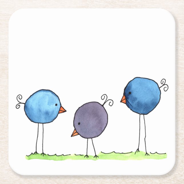 Three Whimsical Watercolor Birds Square Paper Coaster (Front)