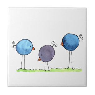 Three Whimsical Watercolor Birds Tile